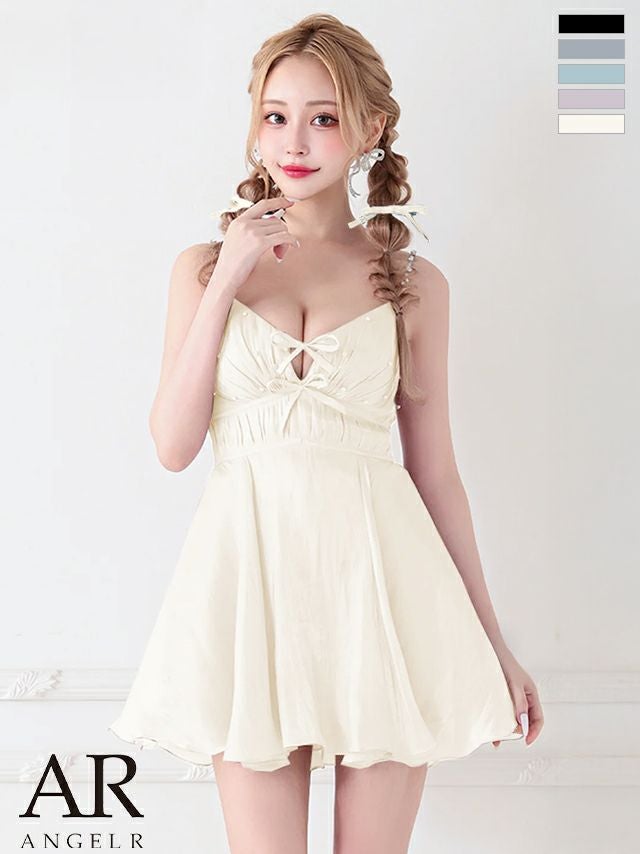 キャバドレス Angel R エンジェルアール キャミソール Vカット レースアップ リボン ウエストマーク ビジュー パール ガーリー フレアミニドレス