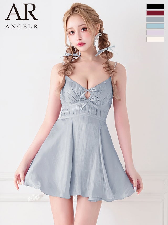 キャバドレス　Angel R エンジェルアール Vカット レースアップ リボン ウエストマーク ビジュー パール ガーリー キャミソール フレアミニドレス
