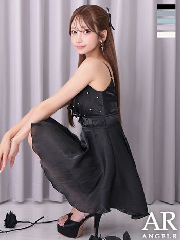 キャバドレス Angel R エンジェルアール レースアップ リボン ウエストマーク ビジュー パール ガーリー キャミソール Vカット フレアミニドレス