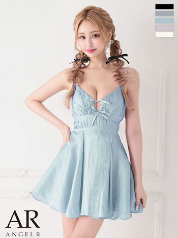 キャバドレス Angel R エンジェルアール リボン ウエストマーク ビジュー パール ガーリー キャミソール Vカット レースアップ フレアミニドレス