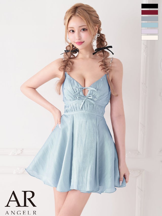キャバドレス Angel R エンジェルアール リボン ウエストマーク ビジュー パール ガーリー キャミソール Vカット レースアップ フレアミニドレス