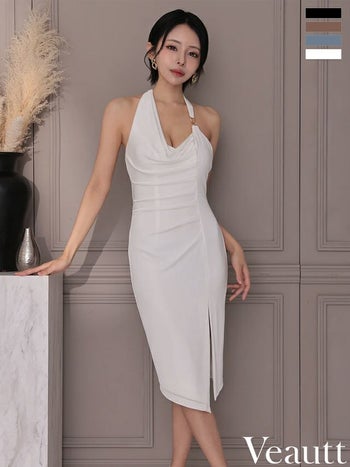 キャバドレス Veautt ヴュート ワンカラー スリット ホルターネック バストドレープ ショルダーチャーム セクシー 膝丈ドレス