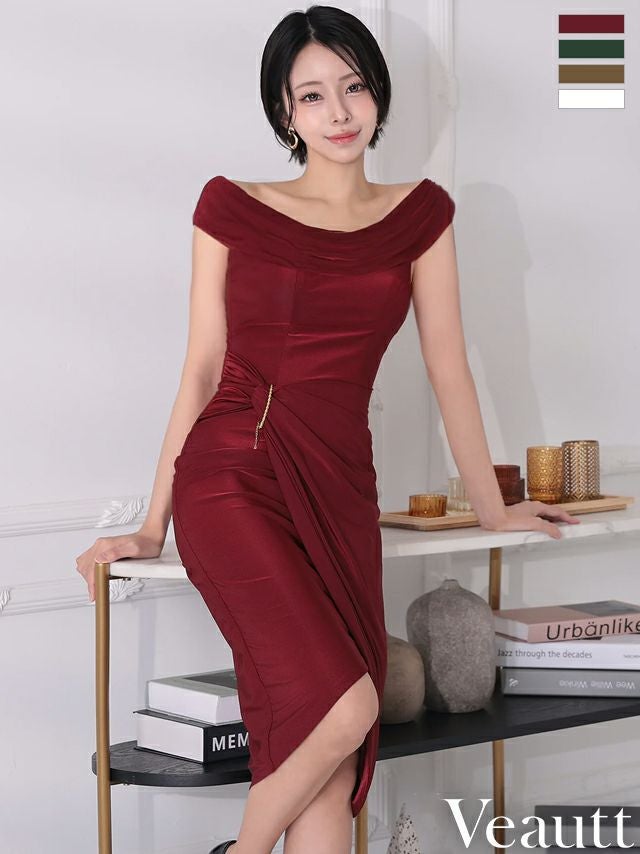 キャバドレス Veautt ヴュート オフショルダー 2way ウエストチャーム ラップ風 ワンカラー 膝丈ドレス