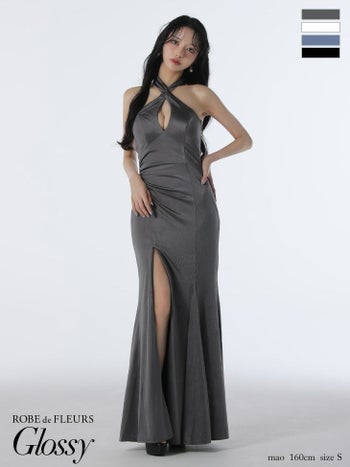 キャバドレス Glossy by ROBE de FLEURS グロッシー セクシー クロス ホルターネック バストカット バックオープン スリット ストレッチサテン マーメイドロングドレス