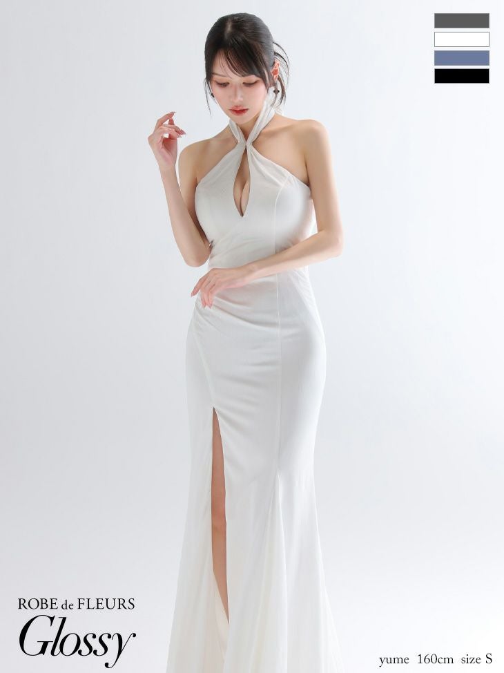 キャバドレス Glossy by ROBE de FLEURS グロッシー クロス ホルターネック バストカット バックオープン スリット ストレッチサテン セクシー マーメイドロングドレス