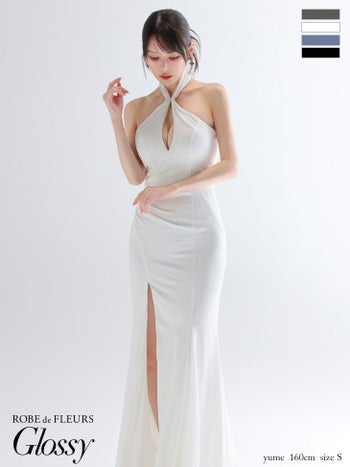 キャバドレス Glossy by ROBE de FLEURS グロッシー クロス ホルターネック バストカット バックオープン スリット ストレッチサテン セクシー マーメイドロングドレス
