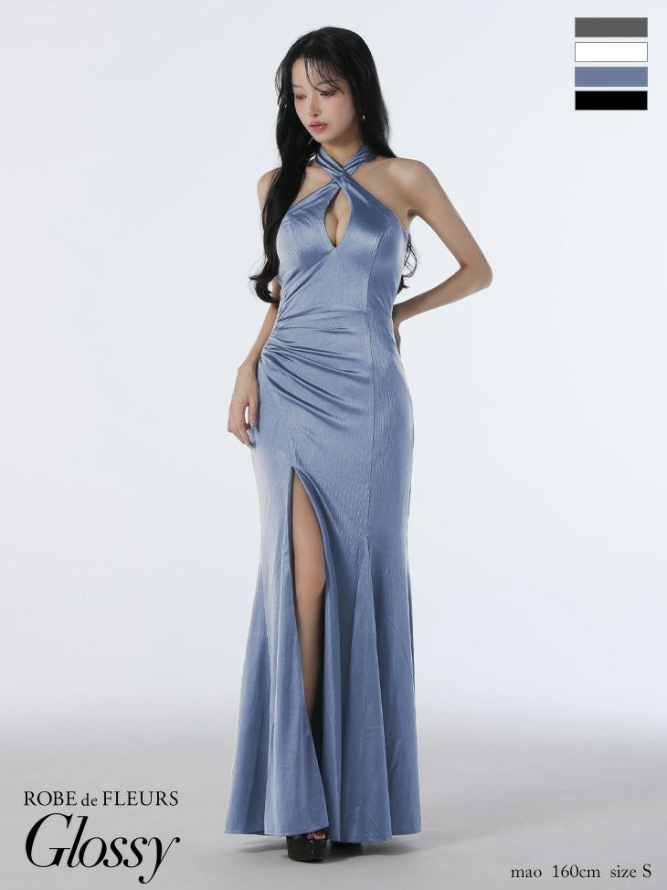 キャバドレス Glossy by ROBE de FLEURS グロッシー ホルターネック バストカット バックオープン スリット ストレッチサテン セクシー クロス マーメイドロングドレス