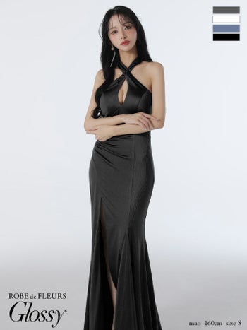 キャバドレス Glossy by ROBE de FLEURS グロッシー バストカット バックオープン スリット ストレッチサテン セクシー クロス ホルターネック マーメイドロングドレス