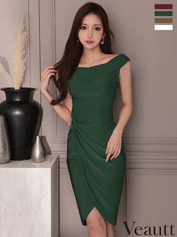 キャバドレス Veautt ヴュート ウエストチャーム ラップ風 オフショルダー 2way ワンカラー 膝丈ドレス