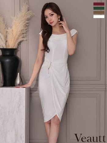 キャバドレス Veautt ヴュート オフショルダー 2way ウエストチャーム ラップ風 ワンカラー 膝丈ドレス