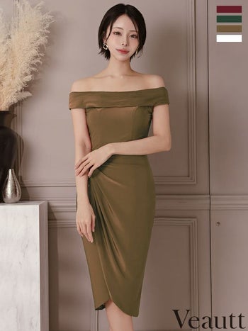 キャバドレス Veautt ヴュート ウエストチャーム ラップ風 オフショルダー 2way ワンカラー 膝丈ドレス