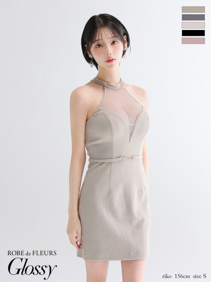 キャバドレス Glossy by ROBE de FLEURS グロッシー シアー ワッフル チュール セクシー ホルターネック ウエストベルト タイトミニドレス