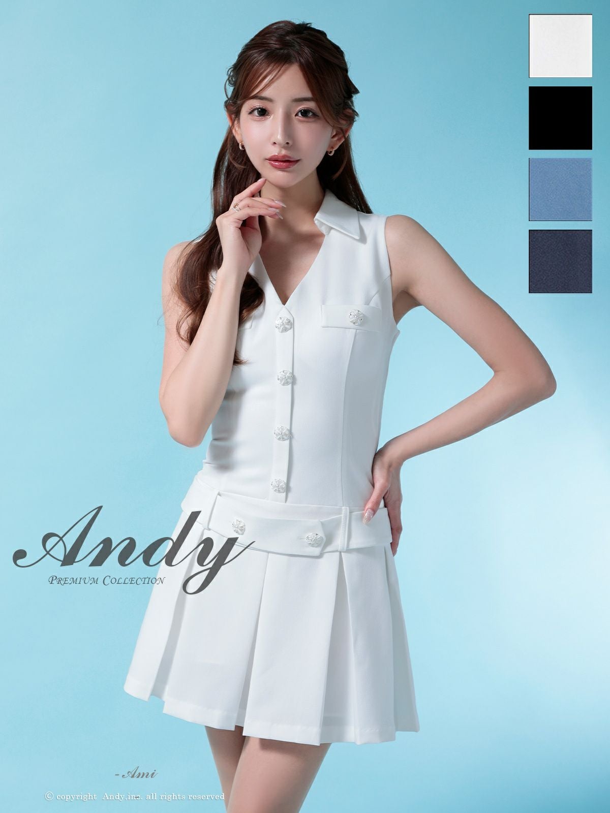 キャバドレス Andy アンディ Vネック 襟付き フロントボタン プリーツ シンプル ノースリーブ フレアミニドレス