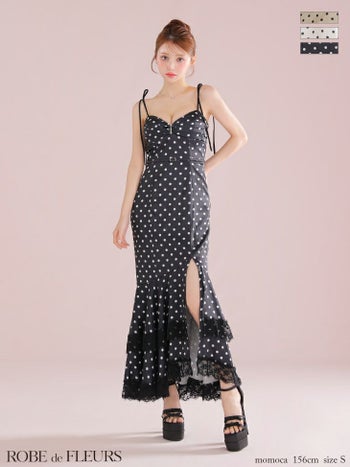 キャバドレス ROBEdeFLEURS ローブドフルール リボンショルダー ジップデザイン ドット柄 キャミソール スリット サテンレース フリル マーメイドロングドレス