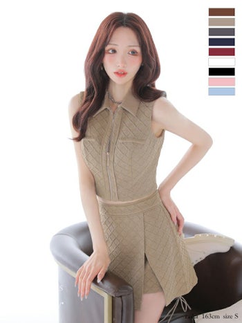 キャバドレス Glossy ROBE de FLEURS グロッシー ローブドフルール ワンカラー ジャガードニット ジップデザイン ノースリーブ セットアップ 襟付き ラップスカート タイトミニドレス