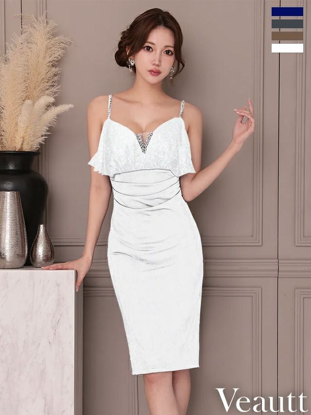 キャバドレス Veautt ヴュート フリル ウエストタック キャミソール Vカット ビジュー メッシュ 膝丈ドレス