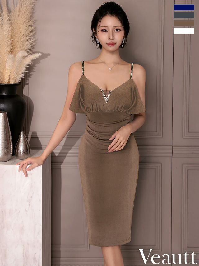 キャバドレス Veautt ヴュート フリル ウエストタック キャミソール Vカット ビジュー メッシュ 膝丈ドレス