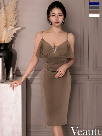 キャバドレス Veautt ヴュート フリル ウエストタック キャミソール Vカット ビジュー メッシュ 膝丈ドレス