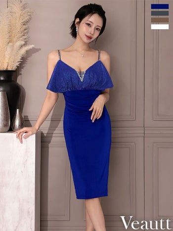 キャバドレス Veautt ヴュート ウエストタック ビジュー キャミソール Vカット フリル メッシュ 膝丈ドレス