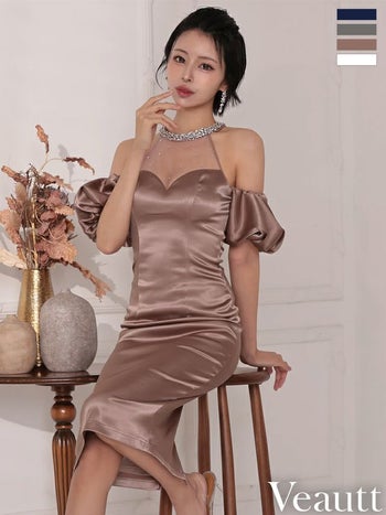 キャバドレス Veautt ヴュート ホルターネック パフスリーブ 2way メッシュ ビジュー シアー エレガント 膝丈ドレス