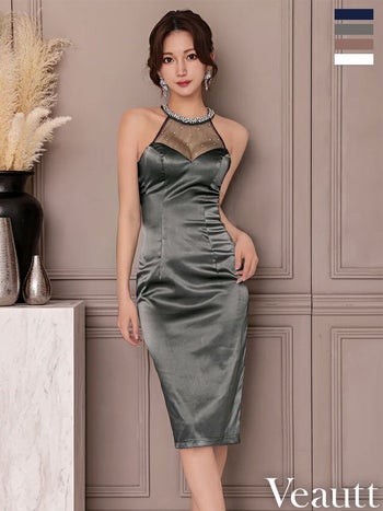 キャバドレス Veautt ヴュート 2way メッシュ ビジュー ホルターネック パフスリーブ 肩あき シアー エレガント 膝丈ドレス