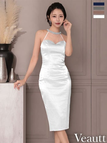 キャバドレス Veautt ヴュート ビジュー シアー ホルターネック パフスリーブ 肩あき 2way メッシュ エレガント 膝丈ドレス