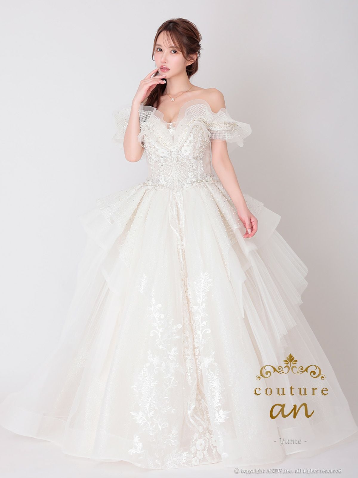 キャバドレス couture an オフショルダー 半袖 チュール フリル スパンコール 刺繍 ビジュー レースアップ バースデー Aラインロングドレス