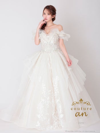 キャバドレス couture an オフショルダー 半袖 チュール フリル スパンコール 刺繍 ビジュー レースアップ バースデー Aラインロングドレス