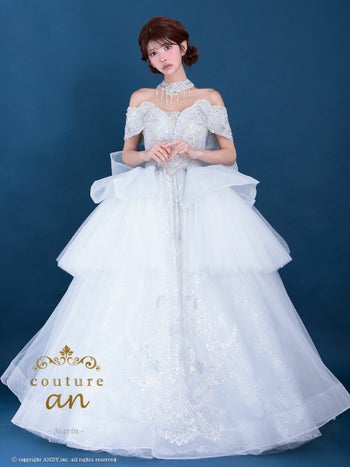 キャバドレス couture an チョーカー付き オフショルダー 半袖 バックリボン フリル スパンコール 刺繍 ビジュー レースアップ バースデー Aラインロングドレス