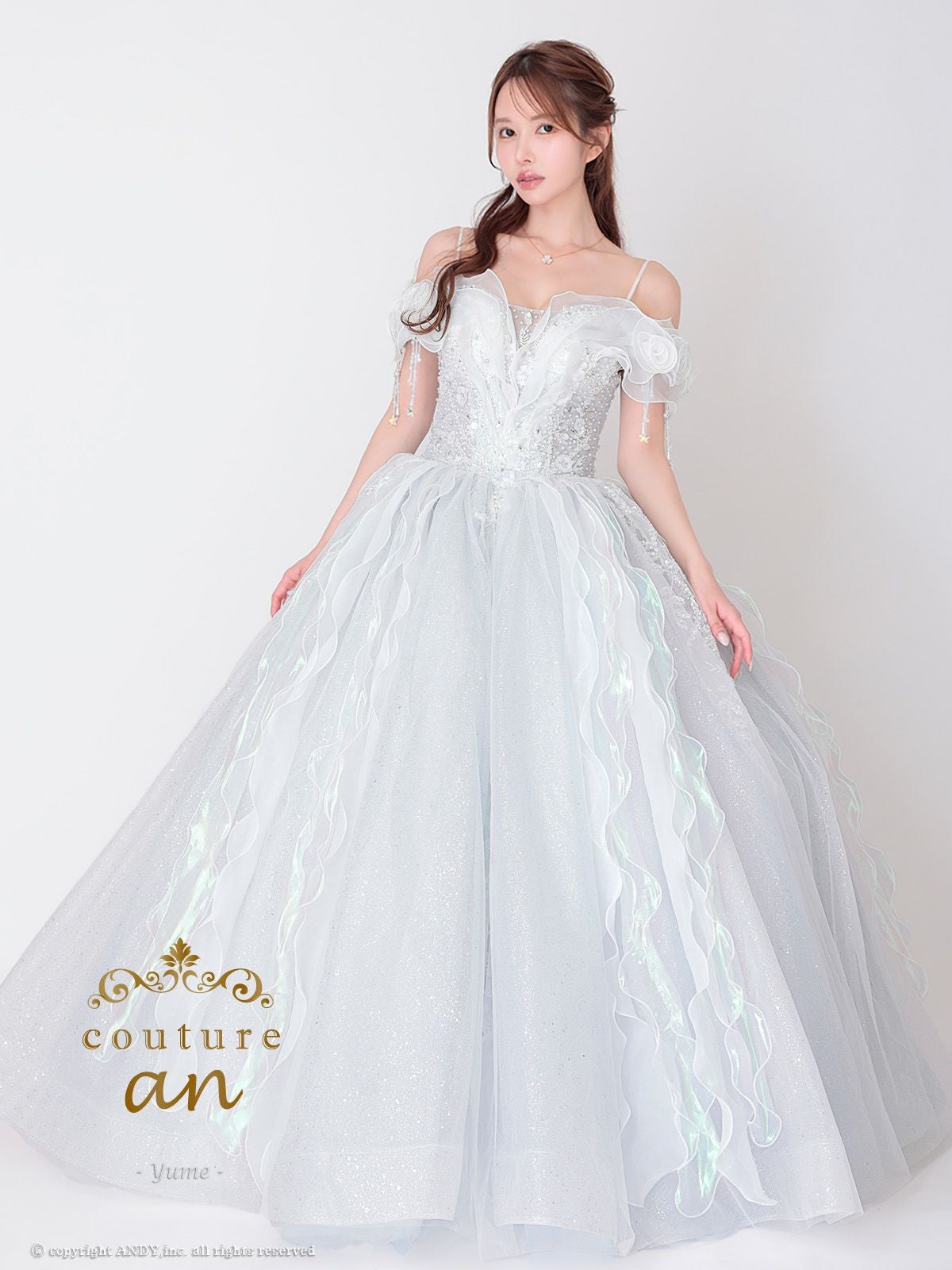 キャバドレス couture an 肩あき 半袖 オーロラ チュール フリル スパンコール ビジュー レースアップ バースデー Aラインロングドレス