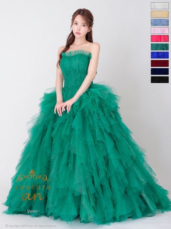 キャバドレス couture an ワンカラー ベアトップ フリル チュール レースアップ バースデー Aラインロングドレス