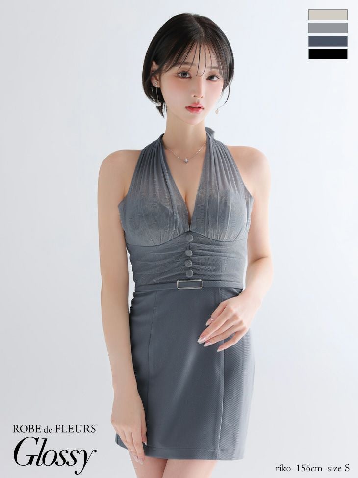 キャバドレス Glossy ROBE de FLEURS グロッシー ローブドフルール ホルターネック ギャザー ウエストベルト ラメ チュール セクシー タイトミニドレス 