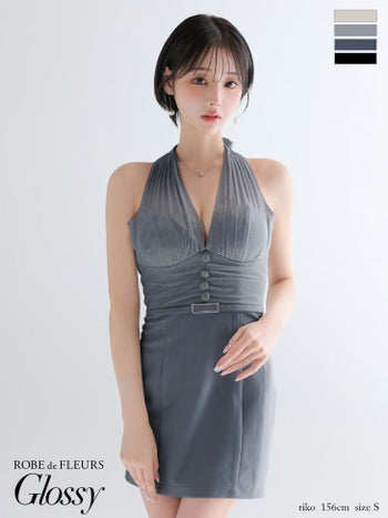 キャバドレス Glossy ROBE de FLEURS グロッシー ローブドフルール ホルターネック ギャザー ウエストベルト ラメ チュール セクシー タイトミニドレス 