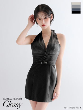 キャバドレス Glossy ROBE de FLEURS グロッシー ローブドフルール セクシー ウエストベルト ホルターネック ラメ チュール ギャザー タイトミニドレス