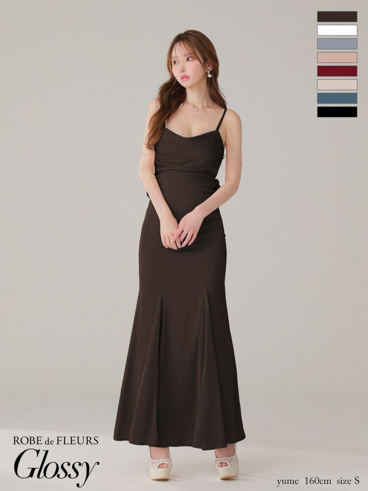 キャバドレス Glossy by ROBE de FLEURS グロッシー キャミソール ビジューチェーン サテン セクシー オープンバスト マーメイドロングドレス