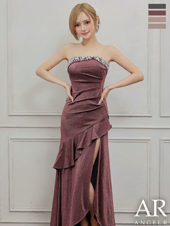 キャバドレス Angel R エンジェルアール キャミソール スリット ビジュー ラメ ビジュー フリル ラッフルデザイン ベアトップ タイトロングドレス