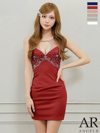 キャバドレス Angel R エンジェルアール ビジュー パール フェミニン ホルターネック バストカット 刺繍 タイトミニドレス