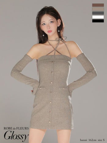 キャバドレス Glossy ROBE de FLEURS グロッシー ローブドフルール フロントボタン 長袖 リブニット アームウォーマー付き ネックリボン ホルターネック タイトミニドレス