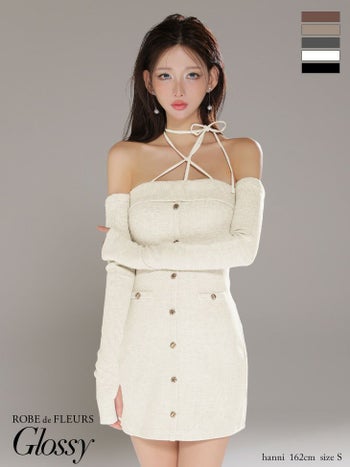 キャバドレス Glossy ROBE de FLEURS グロッシー ローブドフルール フロントボタン ネックリボン ホルターネック 長袖 リブニット アームウォーマー付き タイトミニドレス
