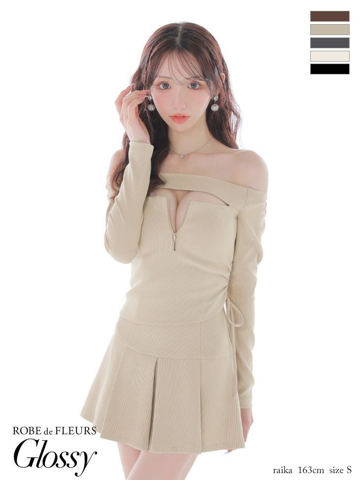 キャバドレス Glossy ROBE de FLEURS オフショルダー 長袖 セットアップ ジップデザイン バストカット リブ プリーツスカート フレアミニドレス