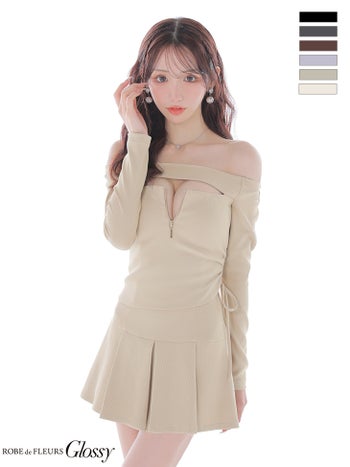 キャバドレス Glossy ROBE de FLEURS オフショルダー 長袖 セットアップ ジップデザイン バストカット リブ プリーツスカート フレアミニドレス