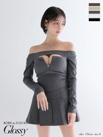 キャバドレス Glossy ROBE de FLEURS グロッシー ローブドフルール セットアップ ジップデザイン オフショルダー 長袖 バストカット リブ プリーツスカート フレアミニドレス
