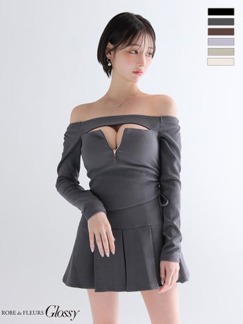 キャバドレス Glossy ROBE de FLEURS グロッシー ローブドフルール セットアップ ジップデザイン オフショルダー 長袖 バストカット リブ プリーツスカート フレアミニドレス