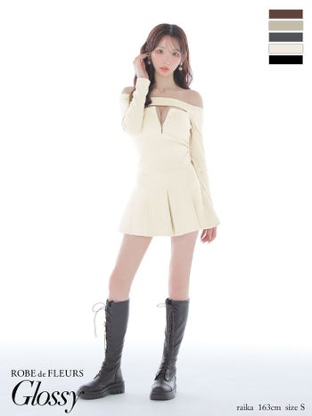 キャバドレス Glossy ROBE de FLEURS グロッシー ローブドフルール リブ プリーツスカート オフショルダー 長袖 セットアップ ジップデザイン バストカット フレアミニドレス