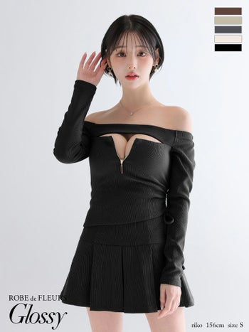 キャバドレス Glossy ROBE de FLEURS グロッシー ローブドフルール ジップデザイン バストカット オフショルダー 長袖 セットアップ リブ プリーツスカート フレアミニドレス
