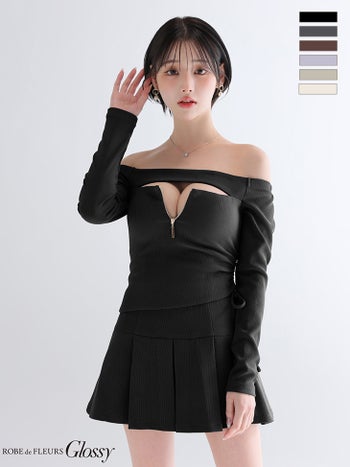 キャバドレス Glossy ROBE de FLEURS グロッシー ローブドフルール ジップデザイン バストカット オフショルダー 長袖 セットアップ リブ プリーツスカート フレアミニドレス
