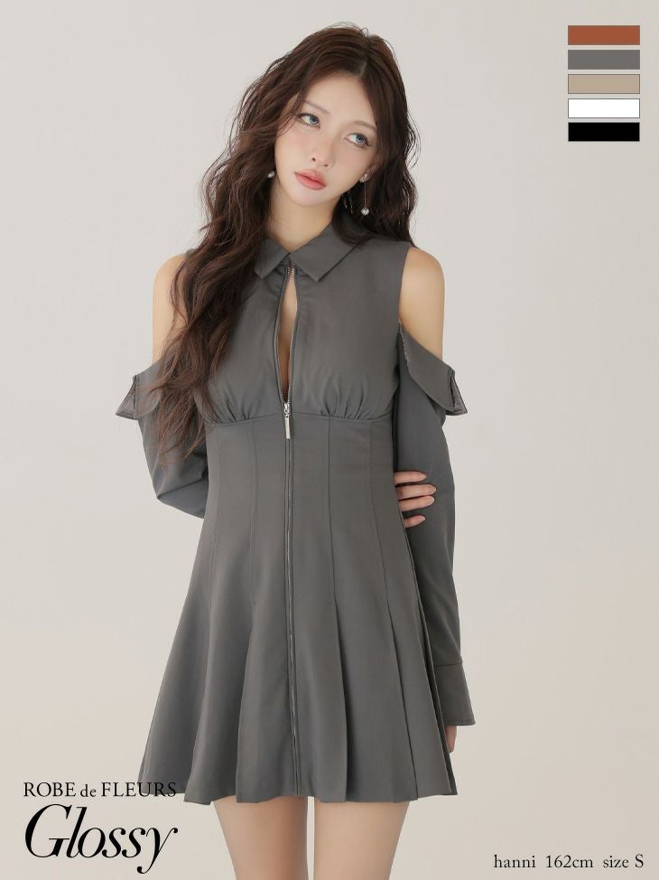 キャバドレス Glossy ROBE de FLEURS グロッシー ローブドフルール 肩あき ジップデザイン 襟付き プリーツスカート 長袖 フレアミニドレス