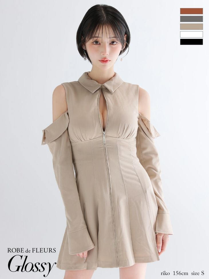キャバドレス Glossy ROBE de FLEURS グロッシー ローブドフルール 襟付き プリーツスカート 肩あき ジップデザイン 長袖 フレアミニドレス 