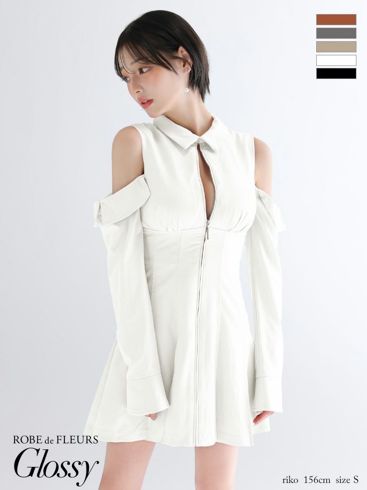 キャバドレス Glossy ROBE de FLEURS グロッシー ローブドフルール 襟付き プリーツスカート 肩あき ジップデザイン 長袖 フレアミニドレス