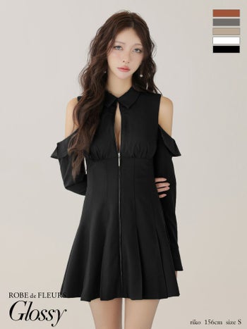 キャバドレス Glossy ROBE de FLEURS グロッシー ローブドフルール プリーツスカート 長袖 肩あき ジップデザイン 襟付き フレアミニドレス